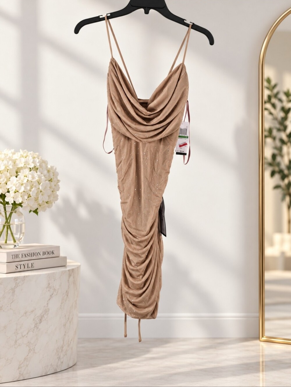 Seni & Cade NWT Sand Silver Rhinestone Ruched Cowl Neck Midi Dress L Y2k